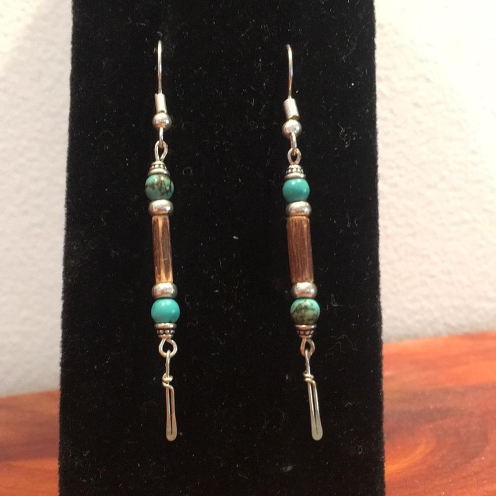 Long dangly wood and magnesite beaded earrings